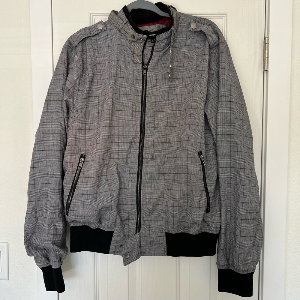 Men‎ Glen plaid pattern bomber jacket (grey print)-XL